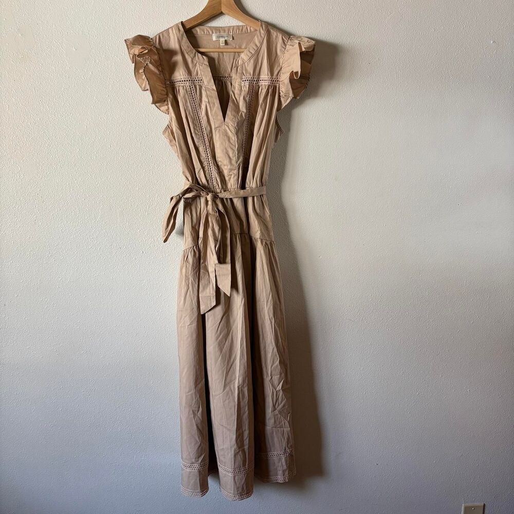 Camellia Tan Cotton Flutter Sleeve Crochet Detail Midi Dress Size Large